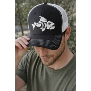Fish Skeleton Trucker Hat Black White Mesh Snapback Fishing Cap Unisex